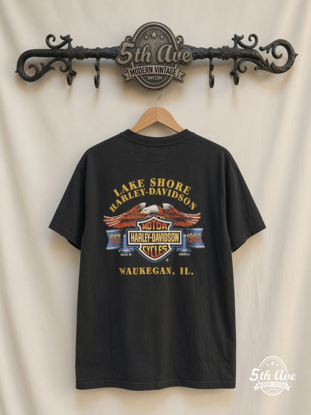Harley-Davidson Lake Shore Waukegan Eagle vintage t-shirt back on rack