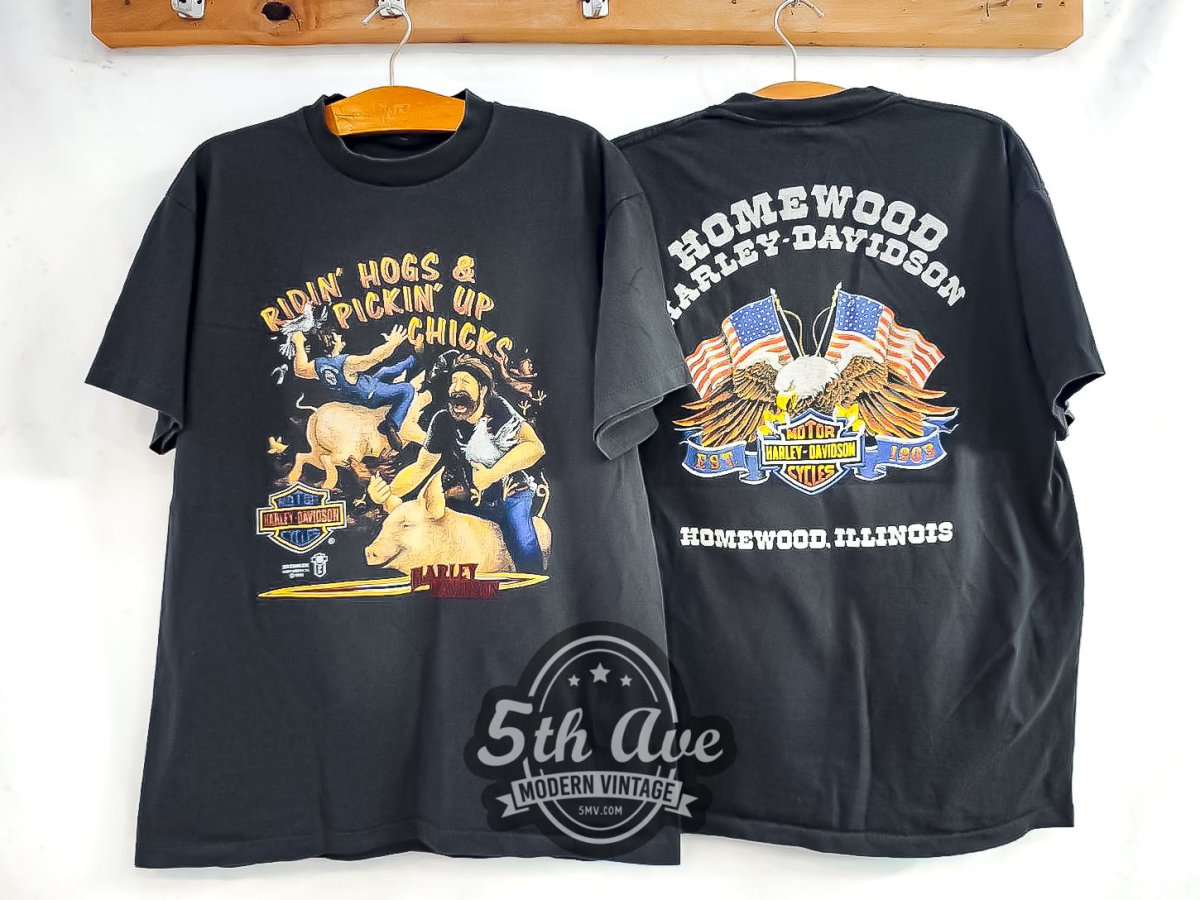 Harley Davidson 'Ridin Hogs & Pickin Up Chicks' Homewood, Illinois - Vintage Reprint T-Shirt - Vintage Band Shirts