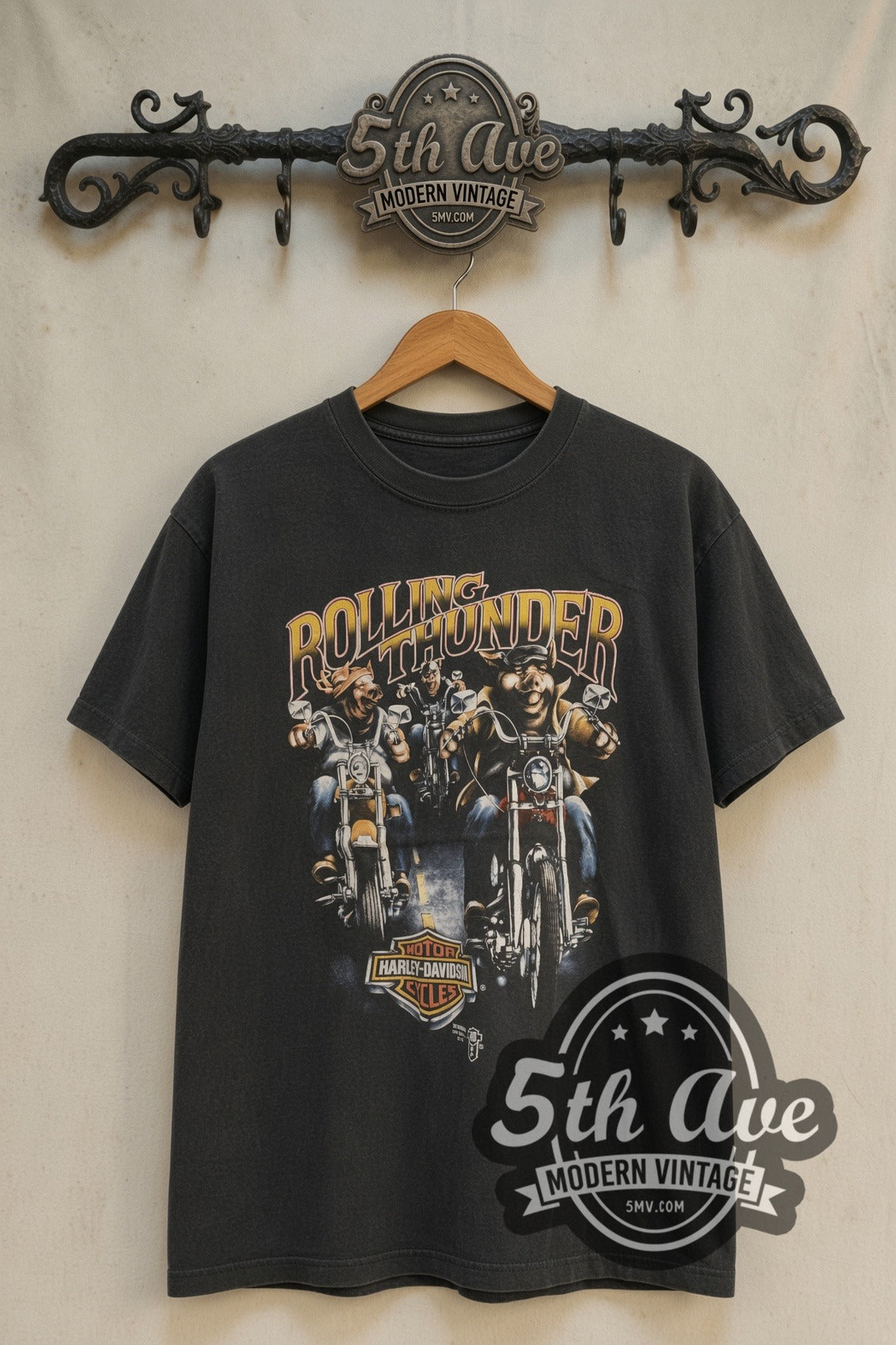 Harley-Davidson Rolling Thunder biker pigs tee front on cream 5th Ave rack