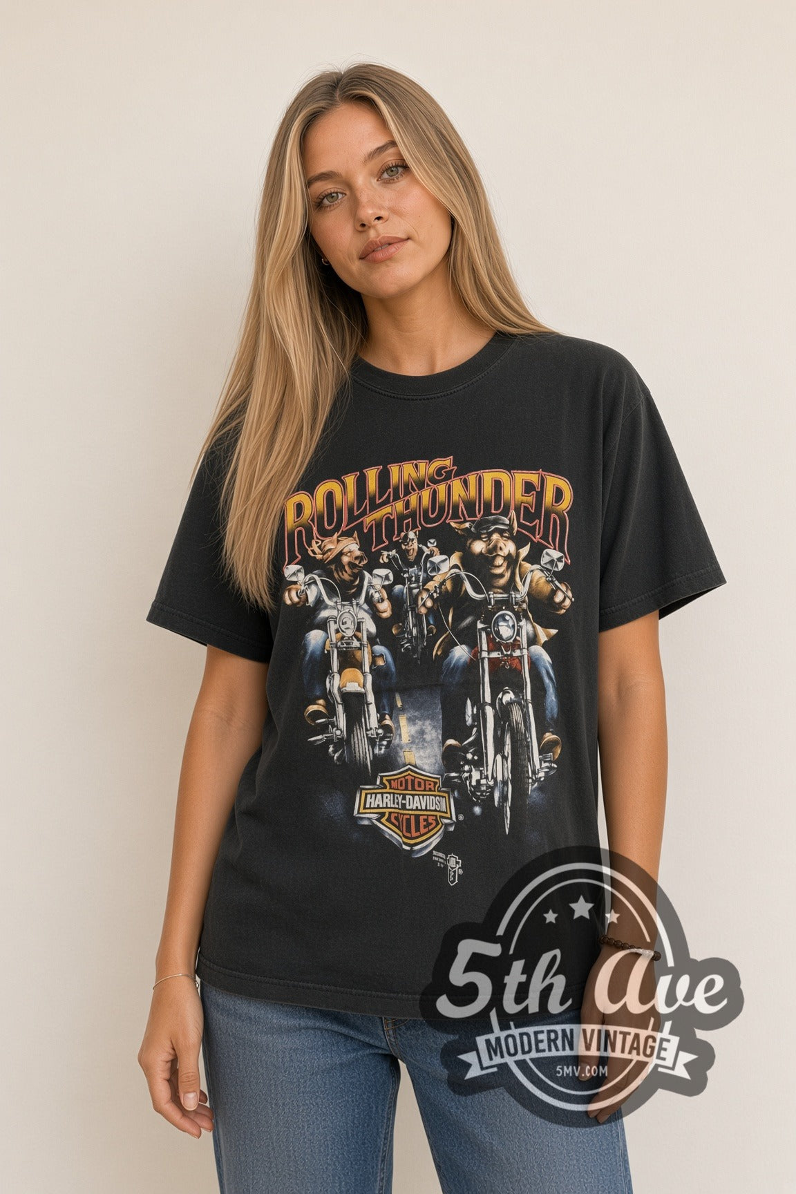 Woman wearing Harley-Davidson Rolling Thunder pigs vintage Harley t-shirt