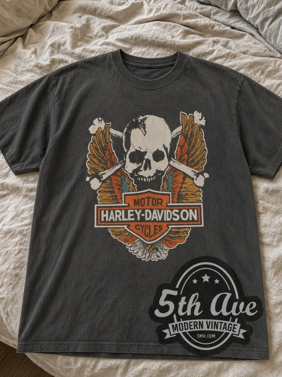 Faded Black Harley-Davidson Skull & Wings / Blocker Enterprises Parryville PA tee laid flat on linen bed