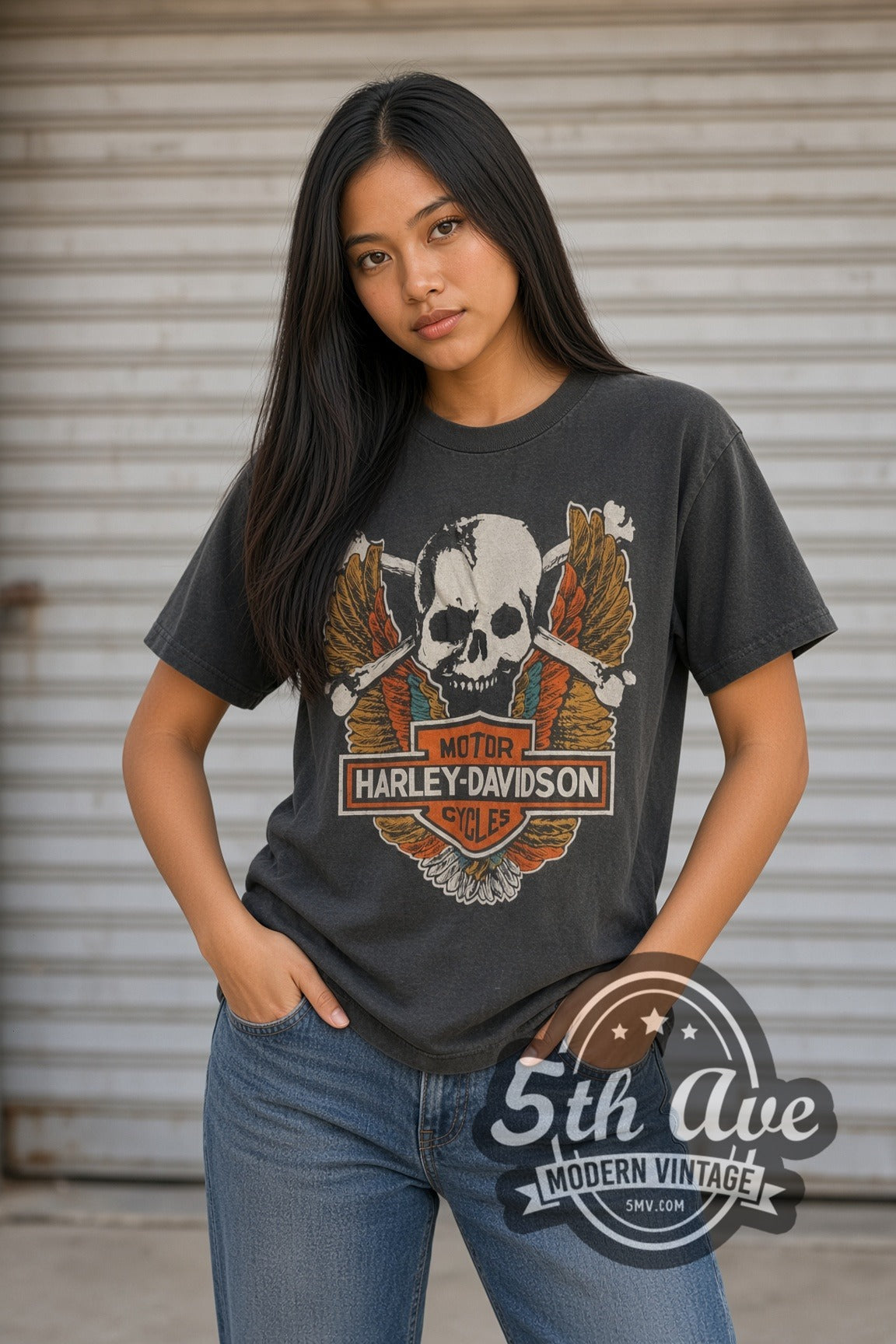 Woman wearing faded black Harley-Davidson Skull & Wings / Blocker Enterprises Parryville PA vintage Harley tee