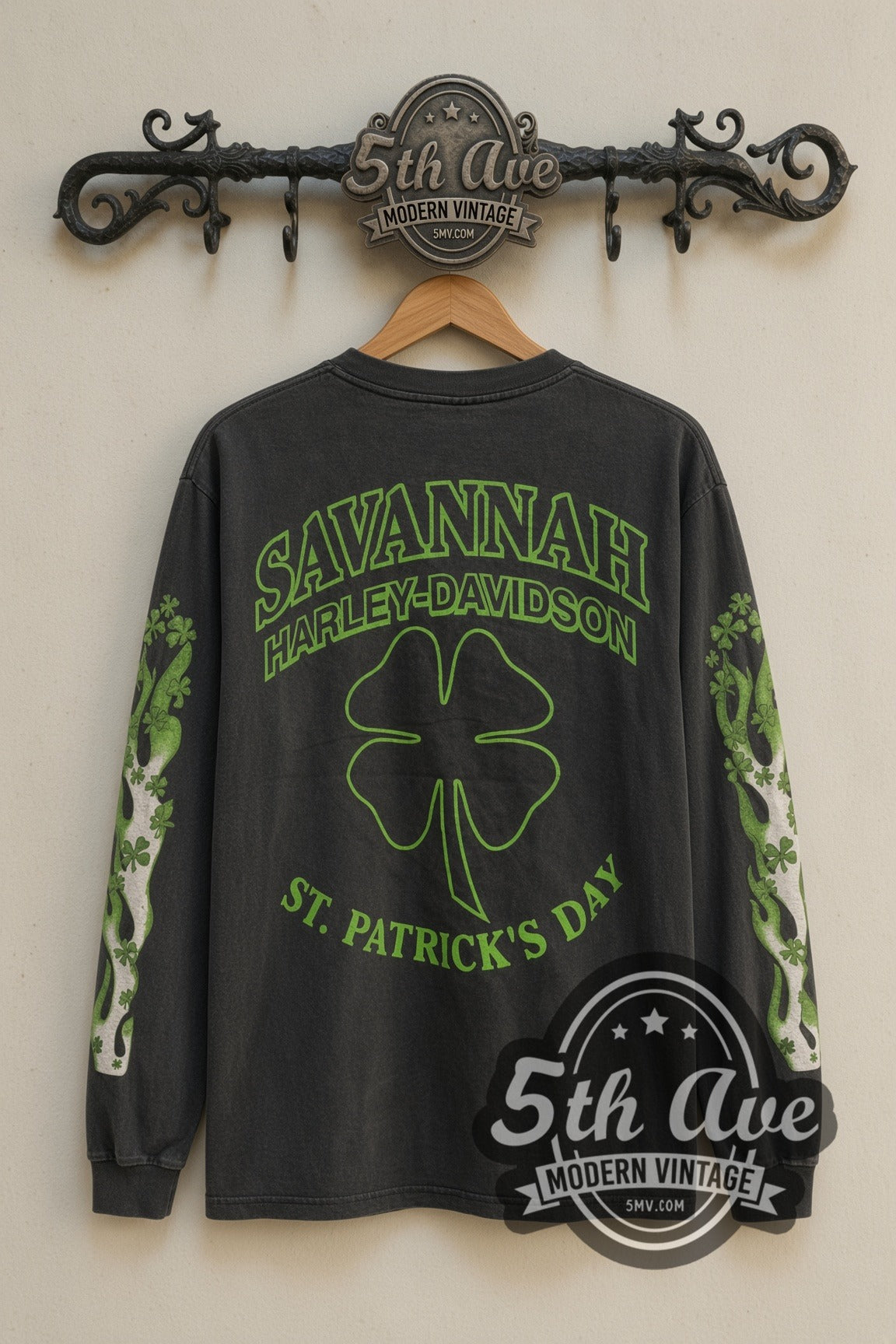 Back print of Harley-Davidson St Patricks Day shamrock long sleeve on the 5MV rack