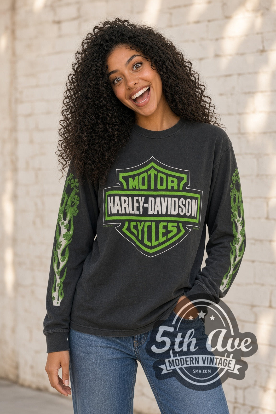 Man wearing black Harley-Davidson vintage St Patricks Day long sleeve t-shirt