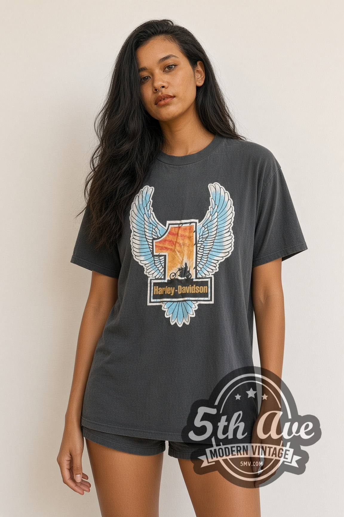 Model wearing Harley-Davidson Sunset #1 Wings Heritage Back vintage graphic tee