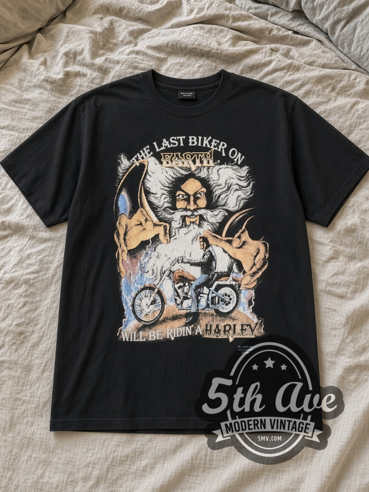 Black Harley Davidson The Last Biker on Earth Birmingham, Al. Vintage Harley-Davidson T-Shirt laid flat on a linen bed