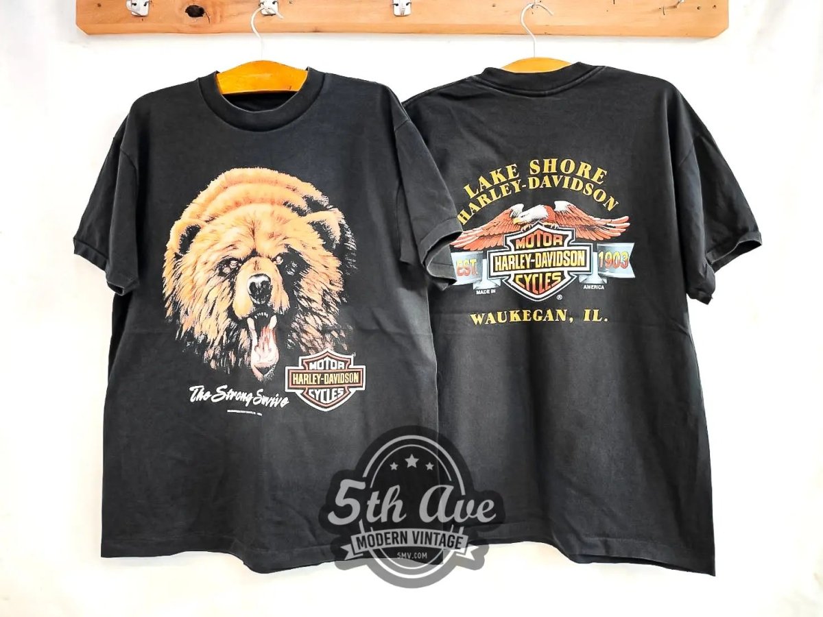 Harley Davidson "The Strong Survive" Lake Shore, Waukegan, IL - Vintage Reprint T-Shirt - Vintage Band Shirts