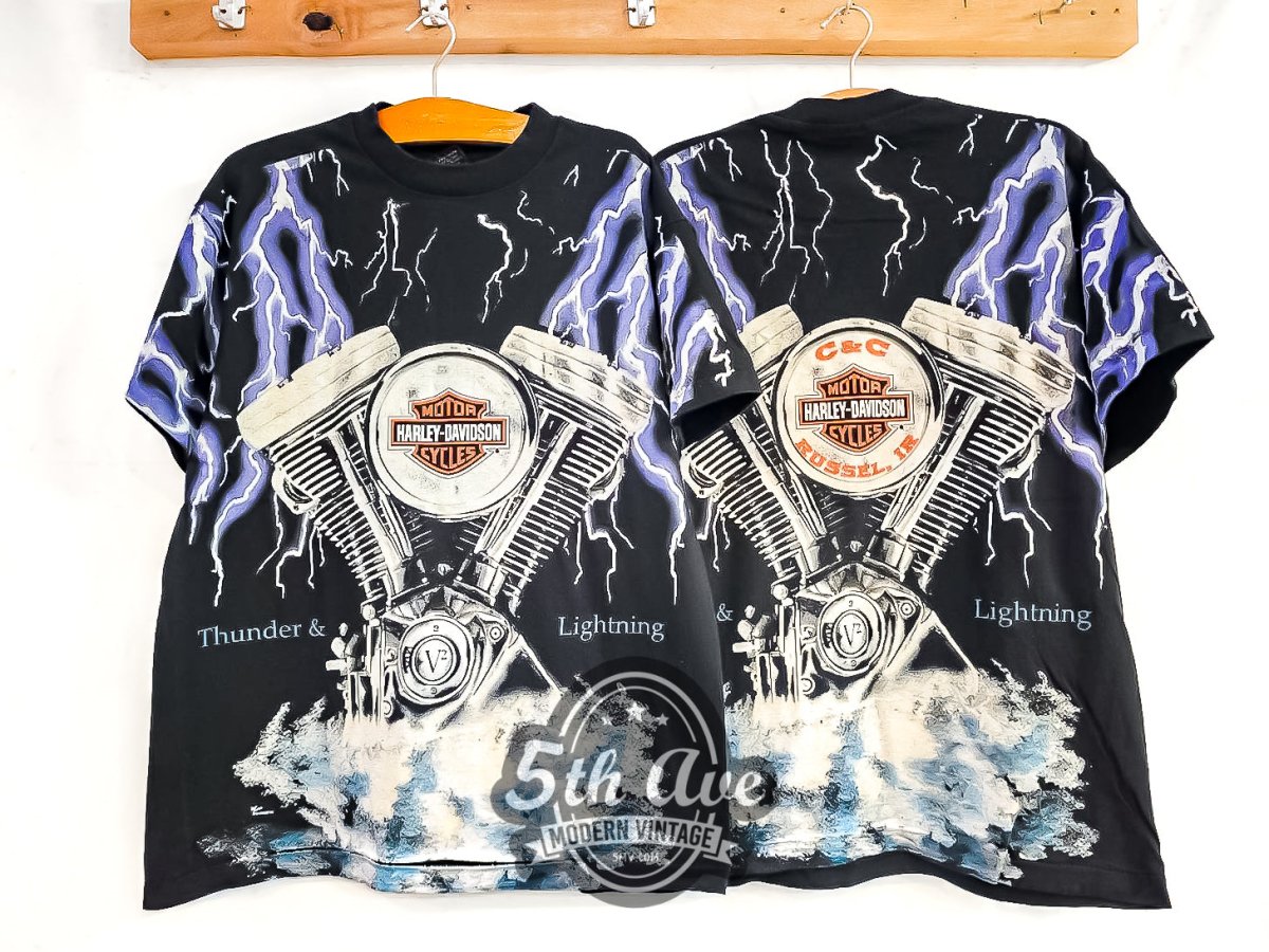Harley Davidson 'Thunder and Lightning' - AOP All Over Print Vintage Reprint T-Shirt - Vintage Band Shirts