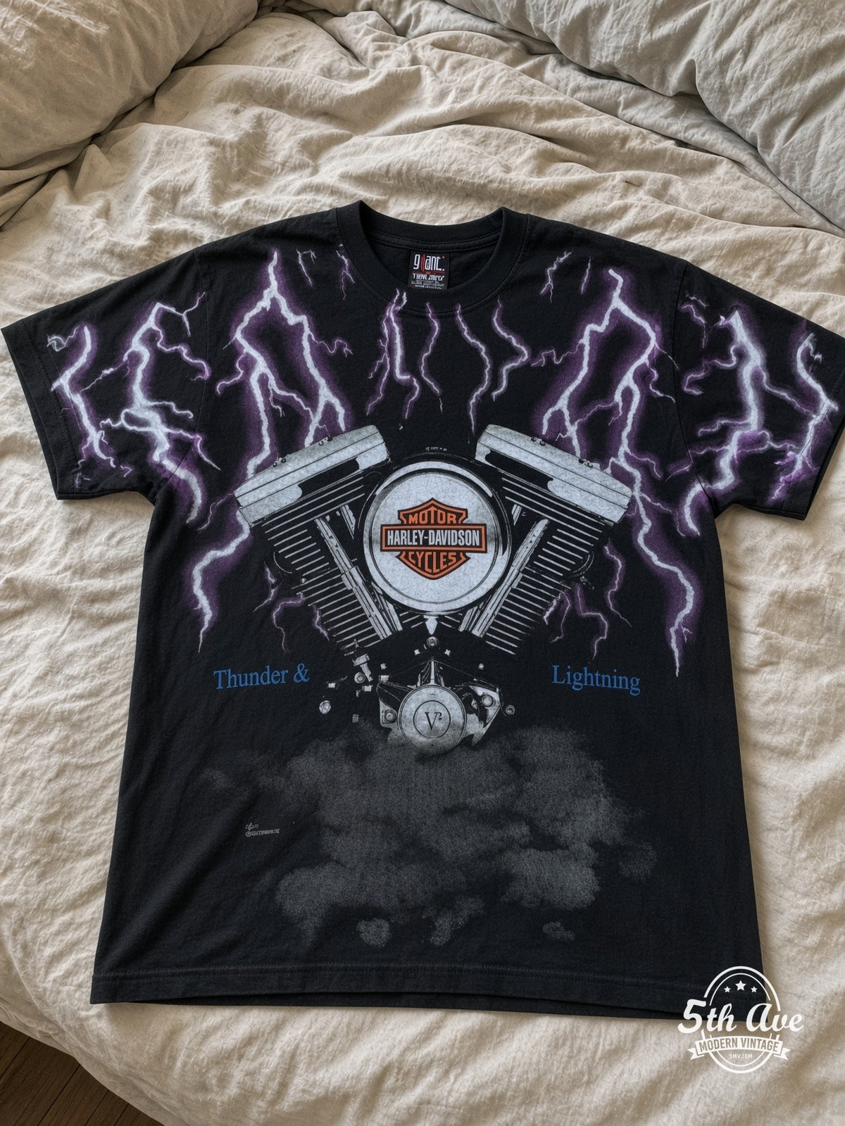 Harley-Davidson Thunder Lightning Engine all over print vintage tee laid on bed