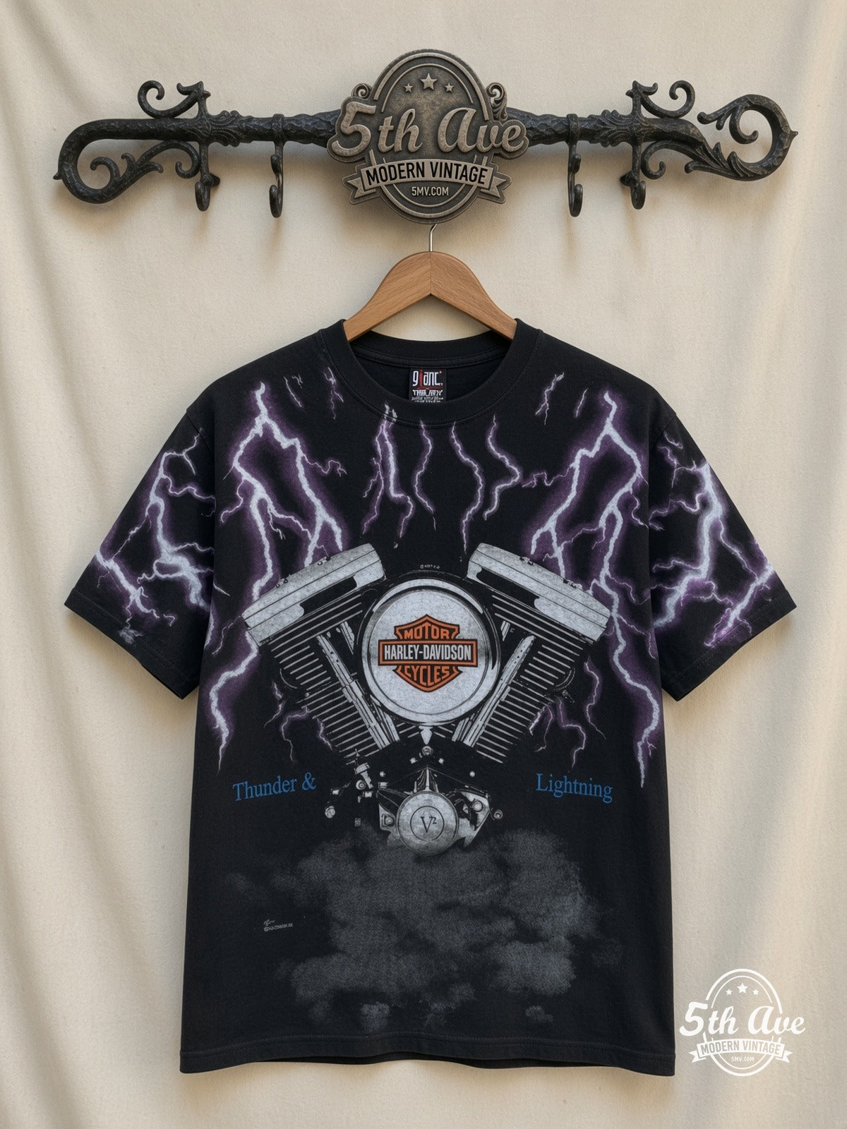 Harley-Davidson Thunder Lightning Engine all over print vintage graphic tee front on cream 5th Ave rack