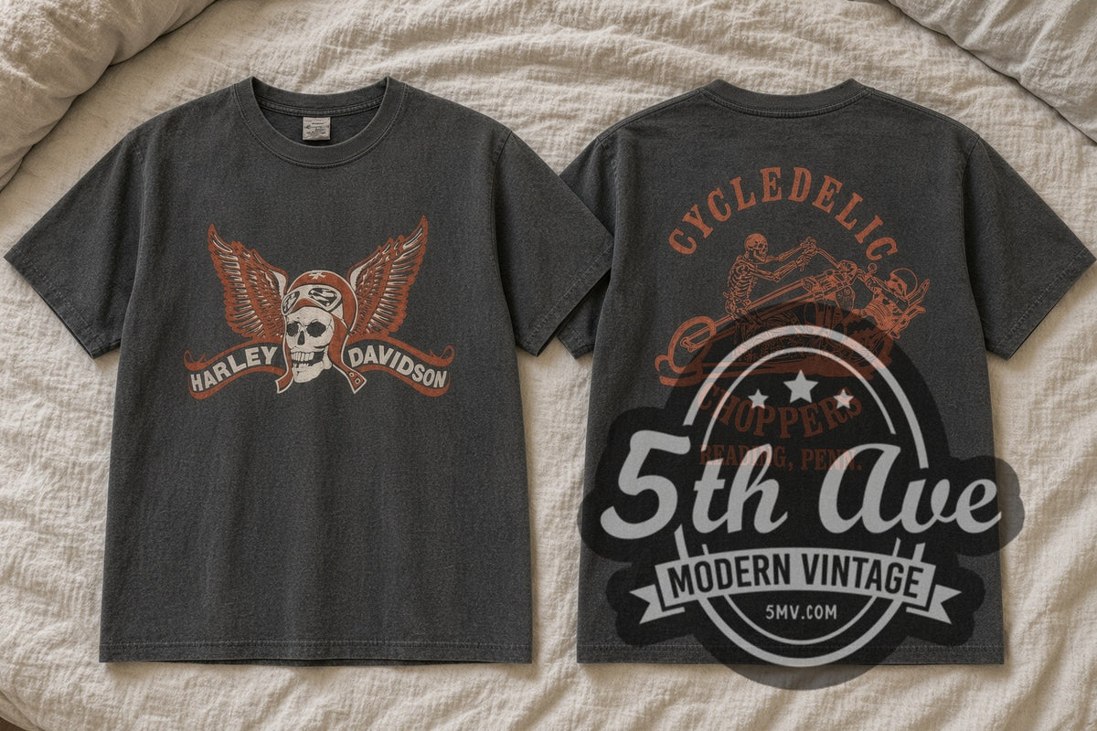 Harley-Davidson – Winged Skull Aviator / Cycledelic Choppers Reading PA – Vintage Harley-Davidson T-Shirt – front and back flat lay