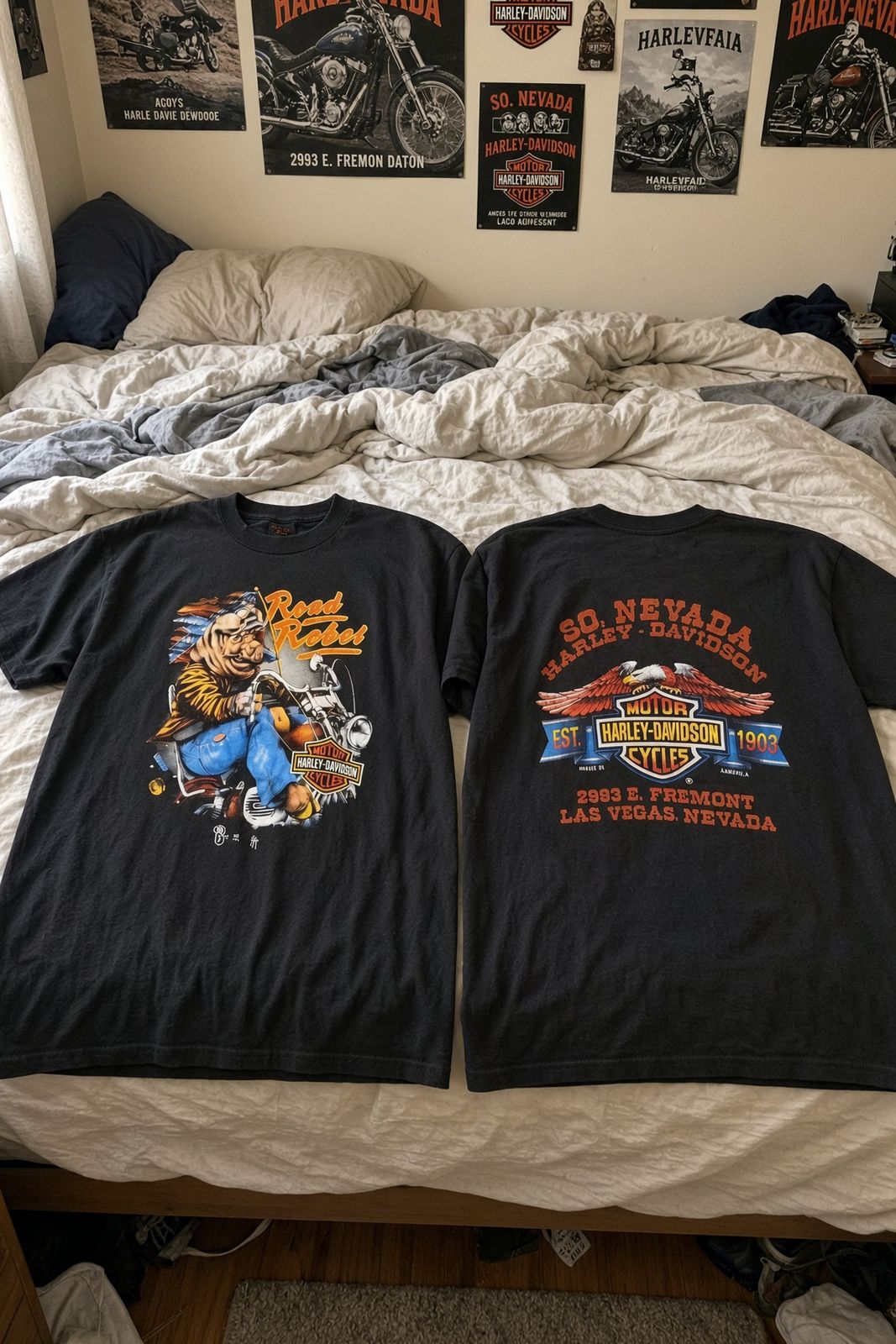 Harley-Davidson Road Rebel So. Nevada vintage graphic tee on bed