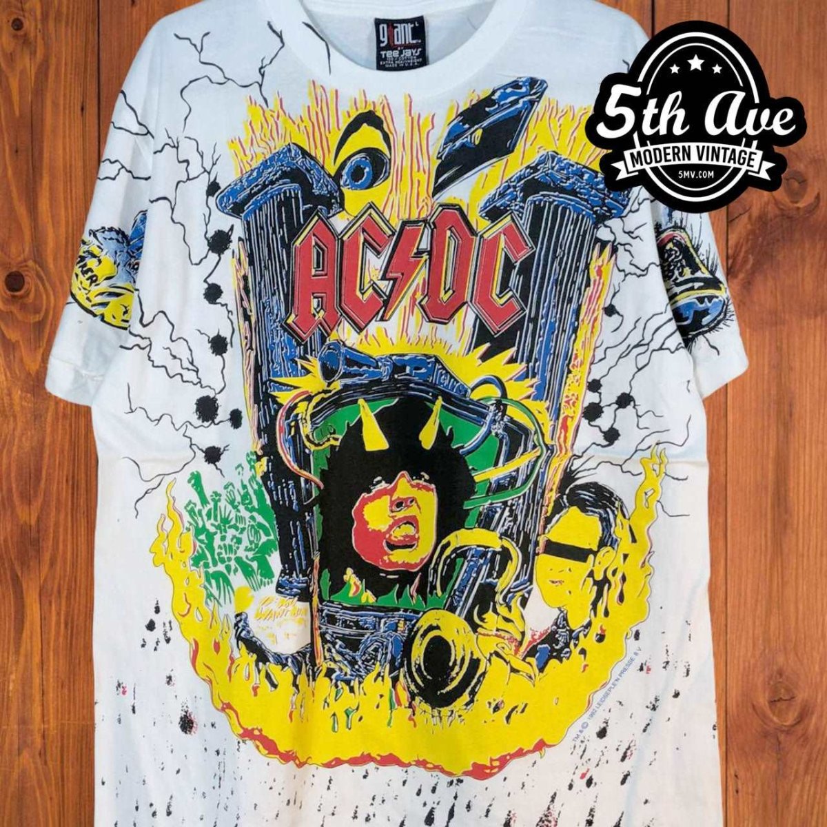 High Voltage Harmony: The Angus Young AC/DC All-Over Print White t shirt - Vintage Band Shirts