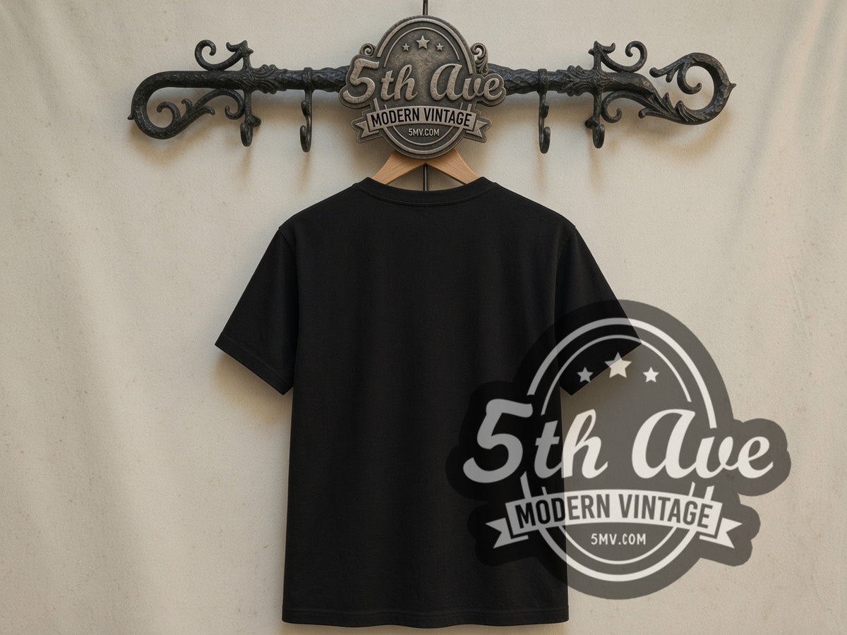 Plain black back of Hollywood Undead Day of the Dead Skulls and Roses double stitched tee on rack
