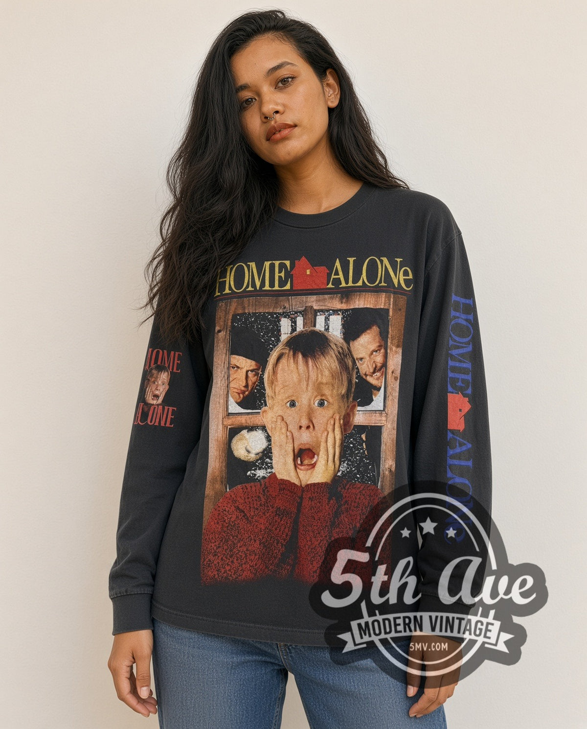 Woman wearing Home Alone Kevin scream long sleeve vintage movie tee