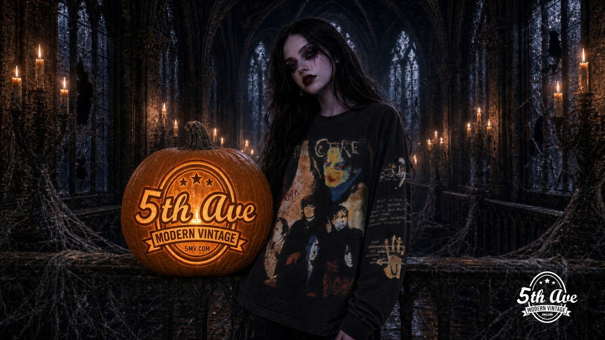 5MV homepage hero slide 1 — Cure Halloween standing with sitting pumpkin