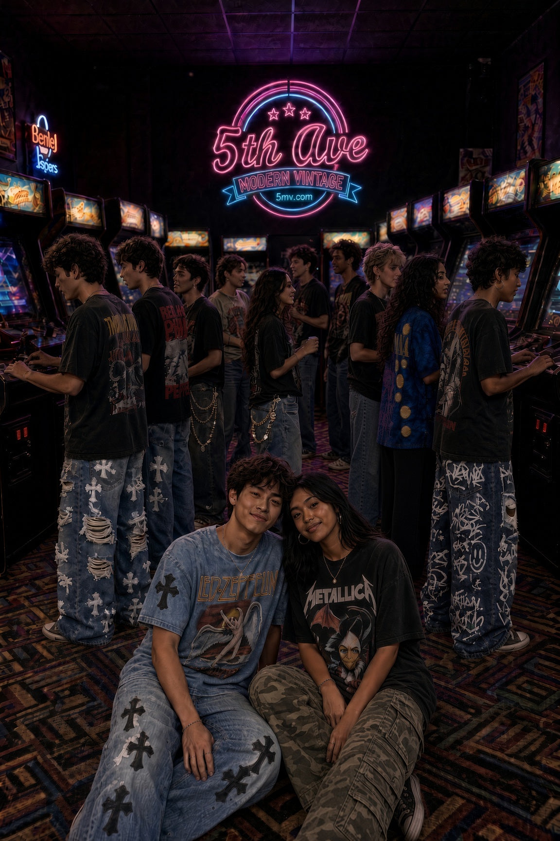 5MV mixed group in arcade wearing band tees and streetwear jeans
