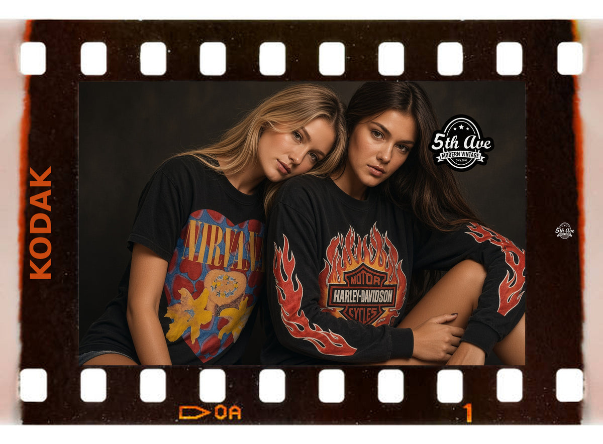 5MV homepage hero slide 2 — Nirvana and Harley-Davidson filmstrip with 5MV logo