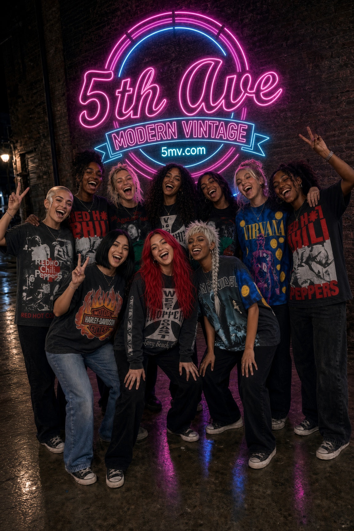 5 Minute Vintage — women in concrete band shirts group photo