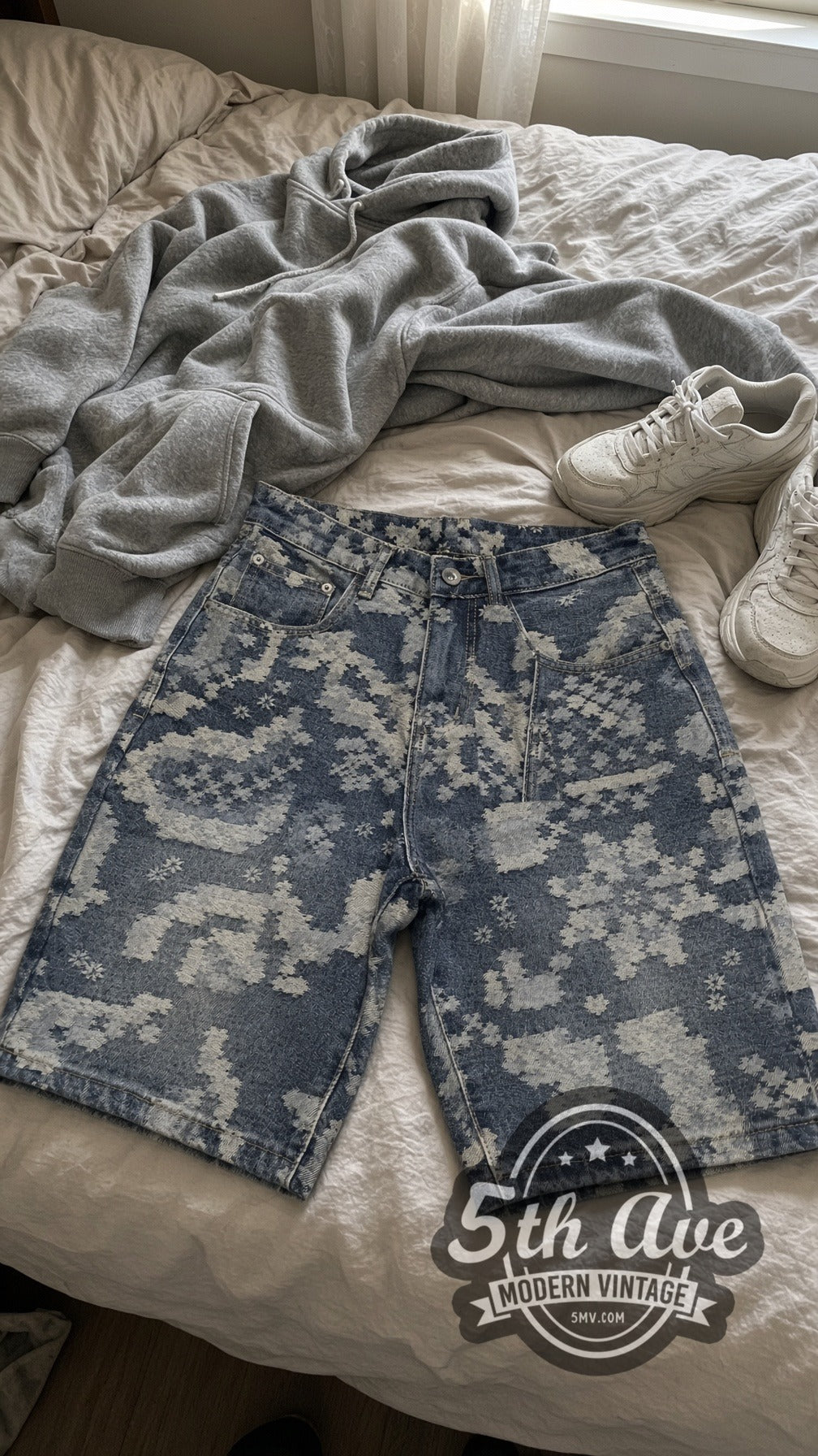Indigo Pixel Star Print Jorts – Vintage Streetwear vintage jorts laid on bed
