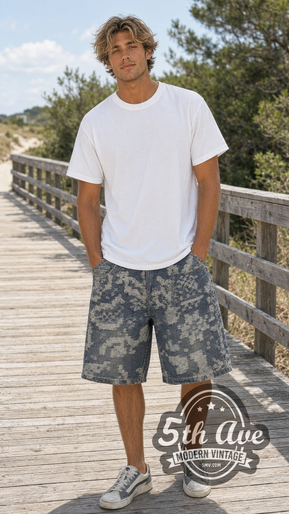 Model wearing Indigo Pixel Star Print Jorts – Vintage Streetwear vintage jorts