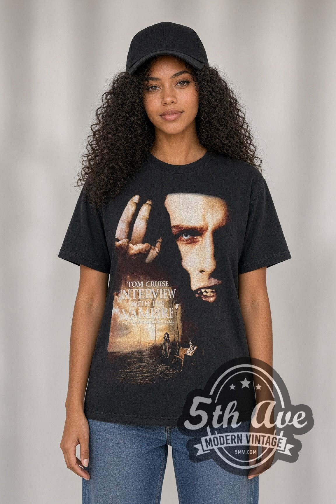 Woman wearing black Interview with the Vampire vintage movie t-shirt