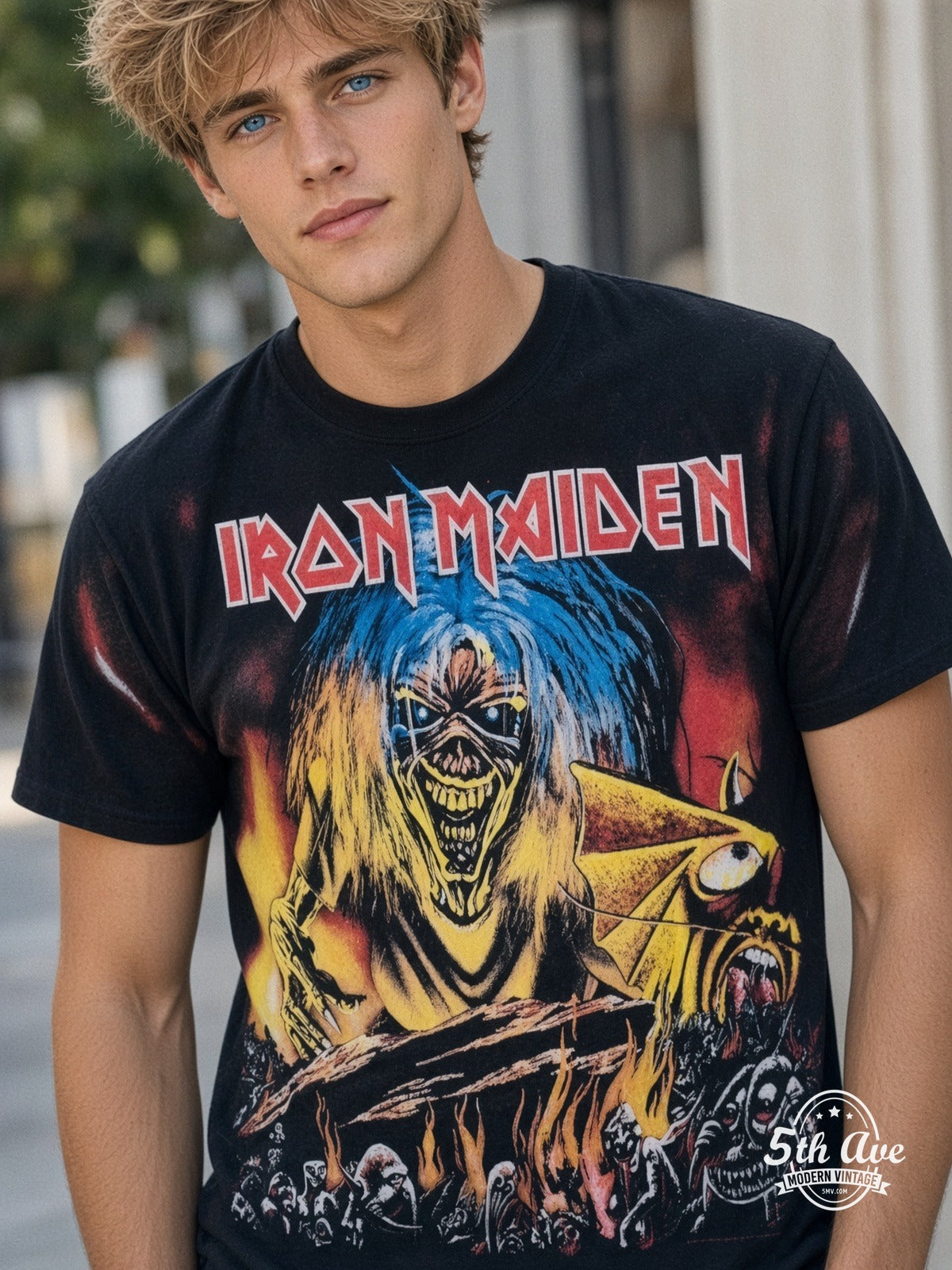 Iron Maiden Eddie Fire Hellscape all over print vintage tee model wearing