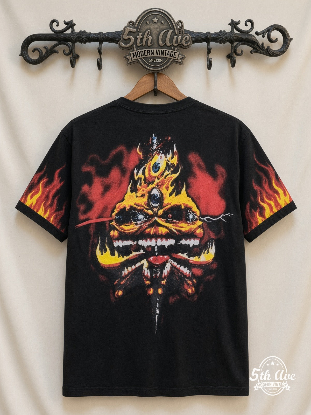 Iron Maiden Eddie Fire Hellscape all over print vintage tee back on cream 5th Ave rack