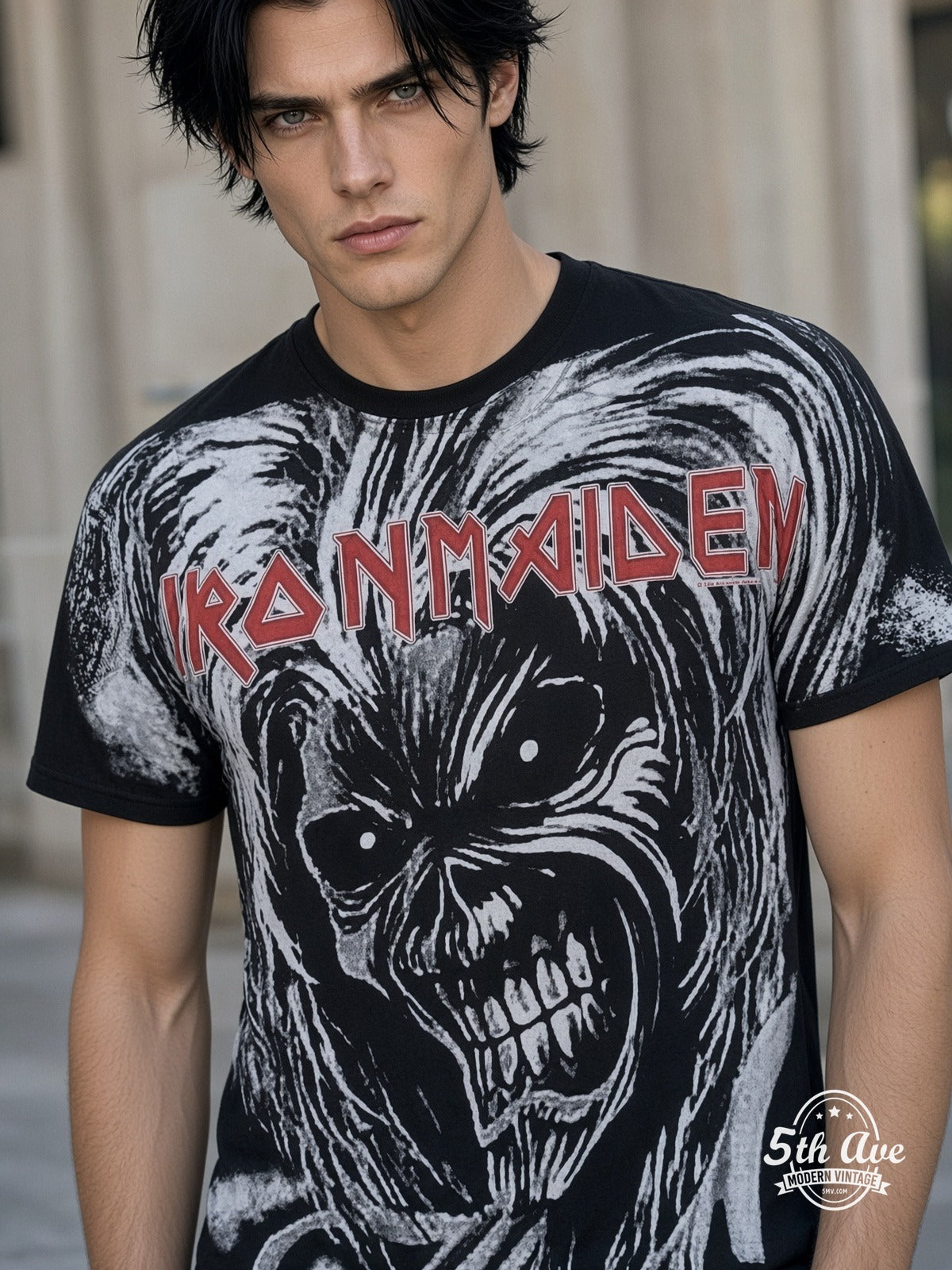 Iron Maiden Eddie Snarl Bloody Hand Black all over print vintage tee model wearing