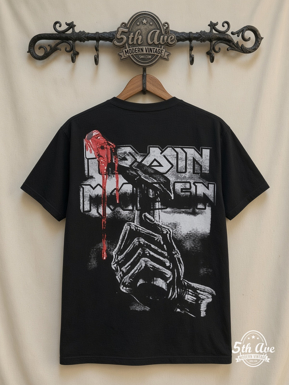Iron Maiden Eddie Snarl Bloody Hand Black all over print vintage tee back on cream 5th Ave rack