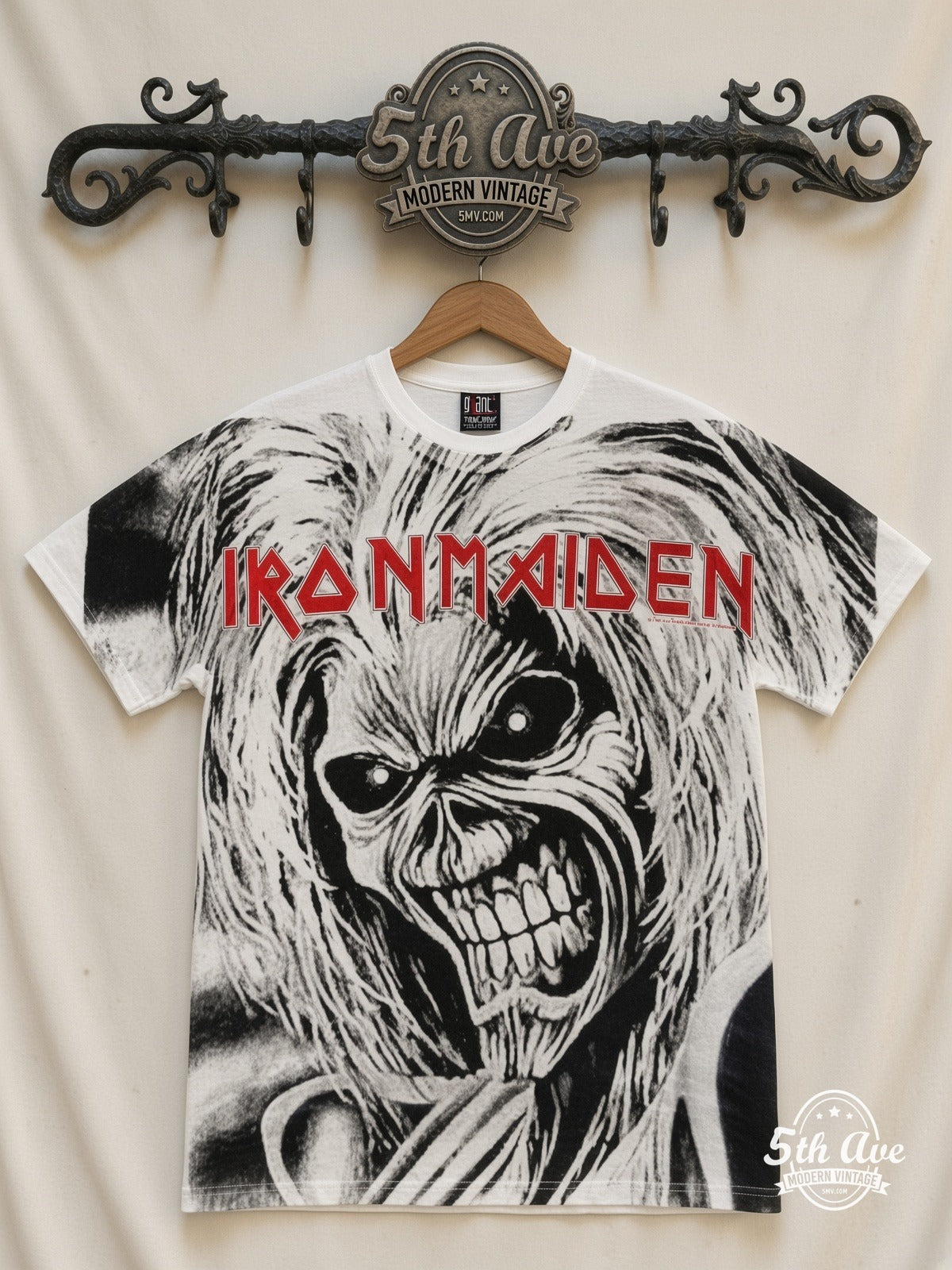 Iron Maiden Eddie Snarl Bloody Hand all over print vintage band t-shirt front on cream 5th Ave rack