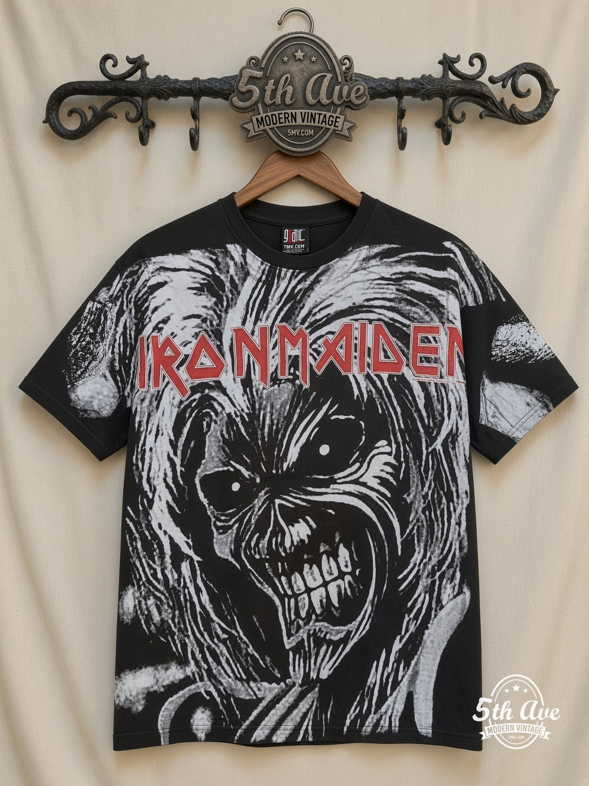 Iron Maiden Eddie Snarl Bloody Hand Black all over print vintage band t-shirt front on cream 5th Ave rack