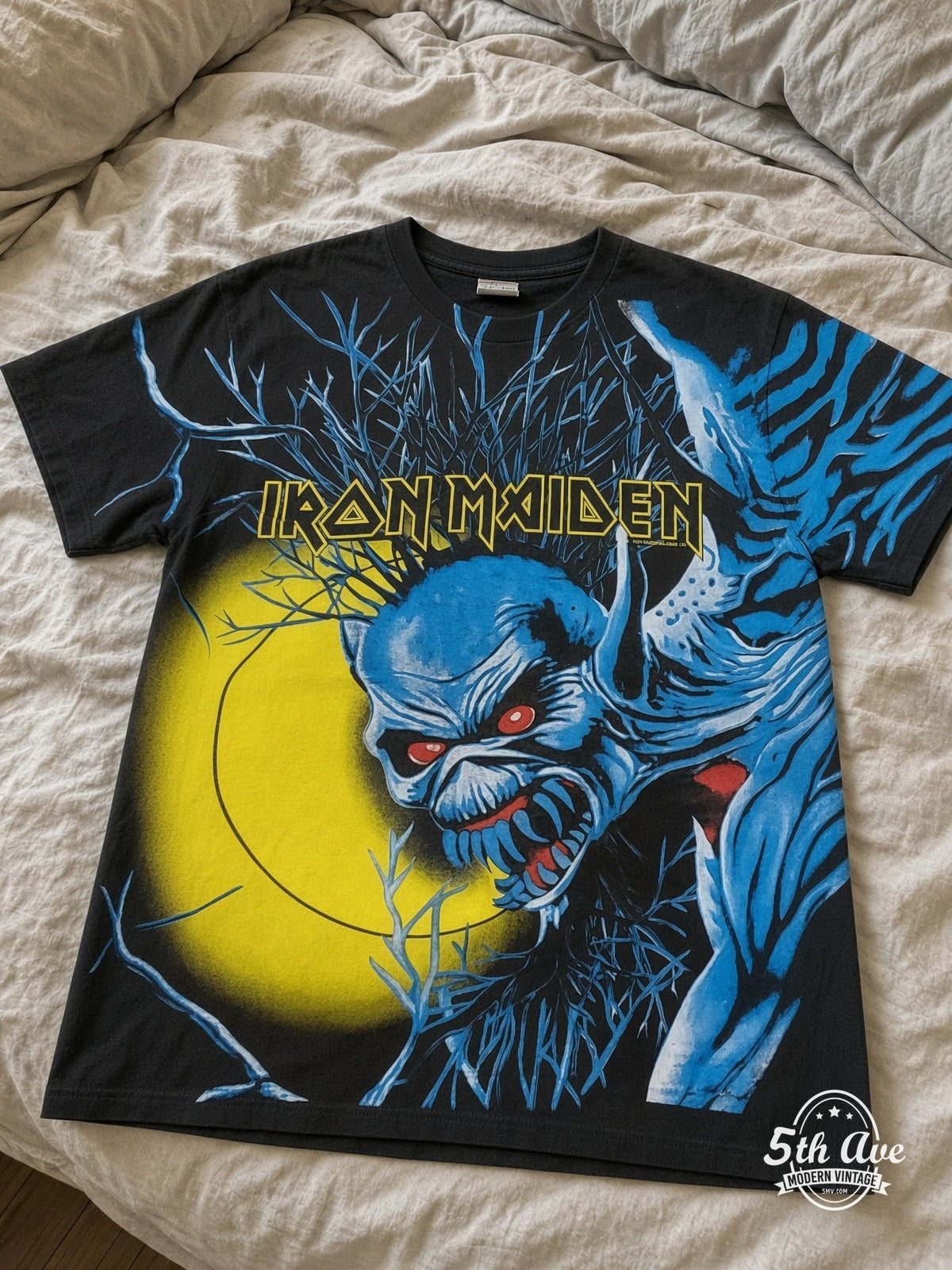Iron Maiden Fear of the Dark Moon Claw all over print vintage tee laid on bed