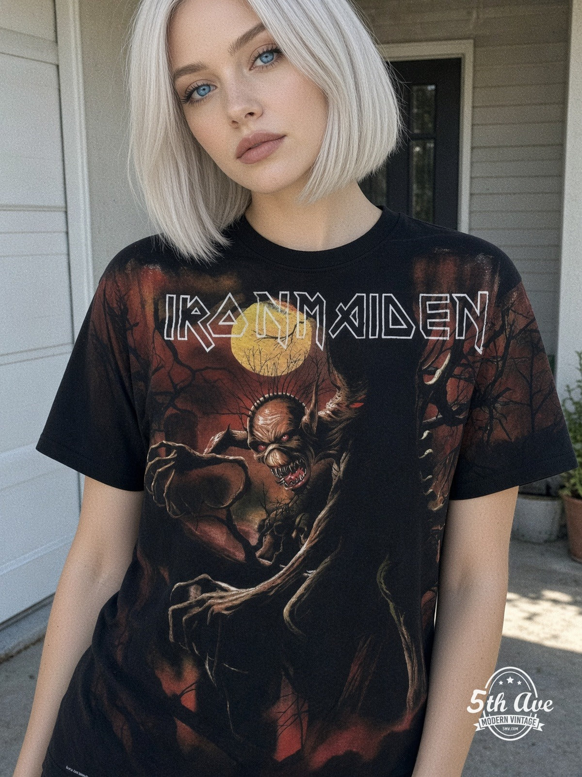 Iron Maiden Fear of the Dark Tree Eddie Black all over print vintage tee model wearing
