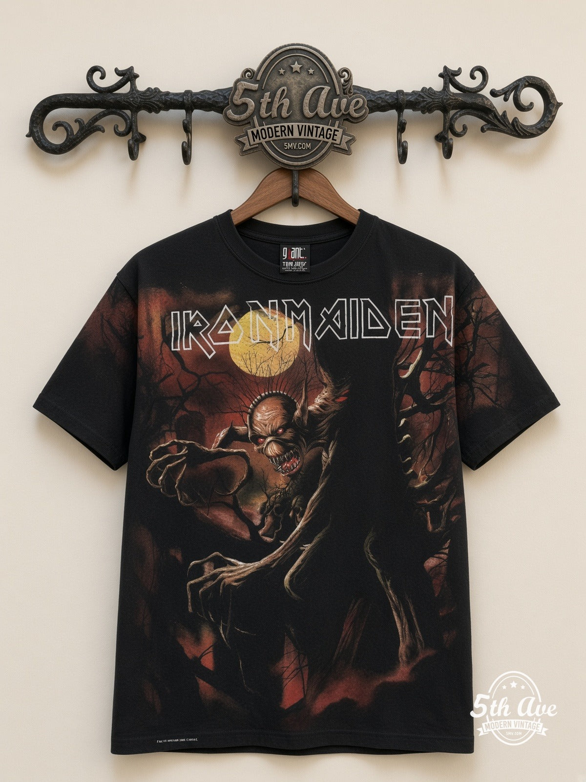 Iron Maiden Fear of the Dark Tree Eddie Black all over print vintage band t-shirt front on cream 5th Ave rack