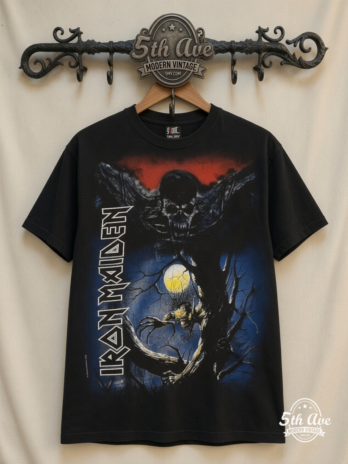 Iron Maiden Fear of the Dark Vertical Wordmark all over print vintage band t-shirt front on cream 5th Ave rack