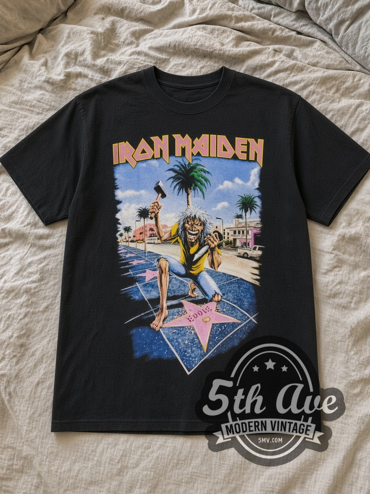 Black Iron Maiden Los Angeles' The Forum 2008 Vintage Band T-Shirt laid flat on a linen bed
