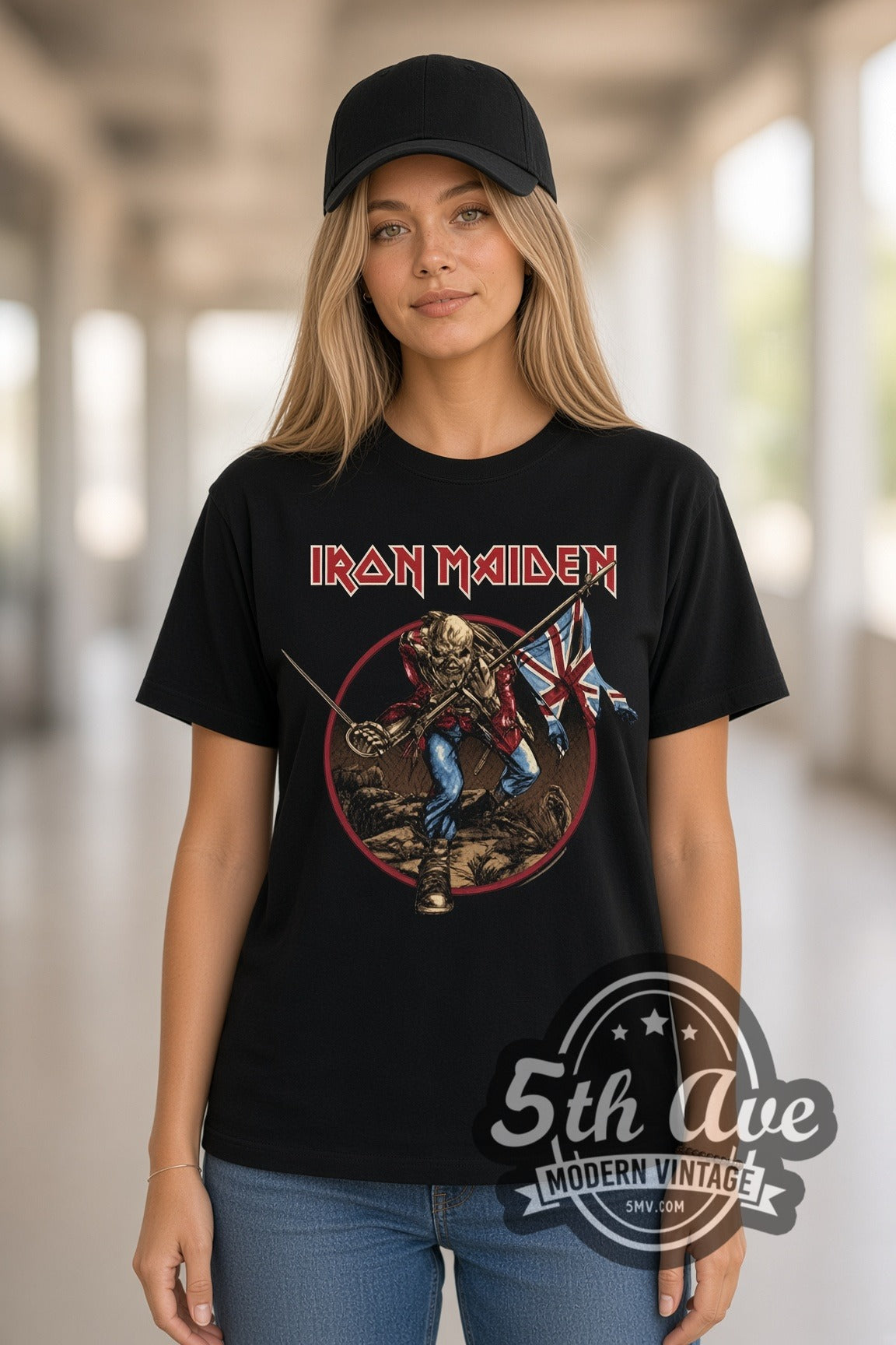 Woman wearing Iron Maiden The Trooper Eddie with Union Jack double stitched black graphic tee
