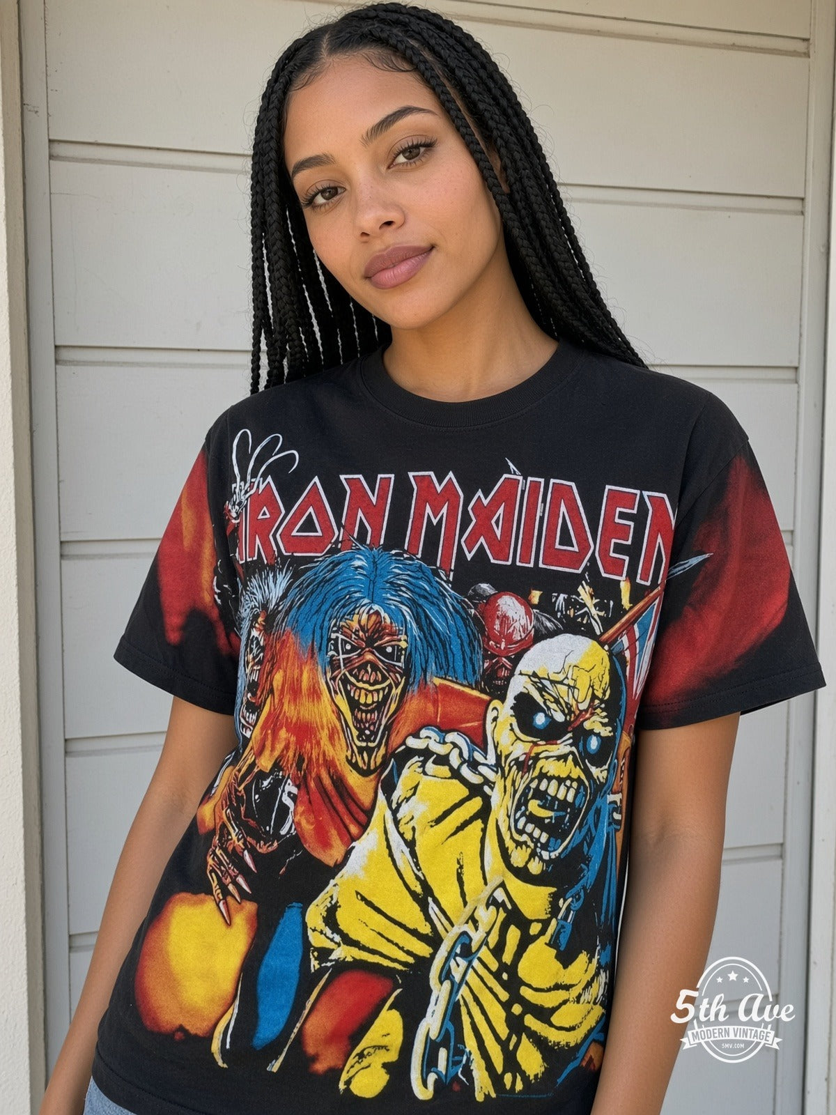 Iron Maiden Trooper Eddie all over print vintage tee model wearing