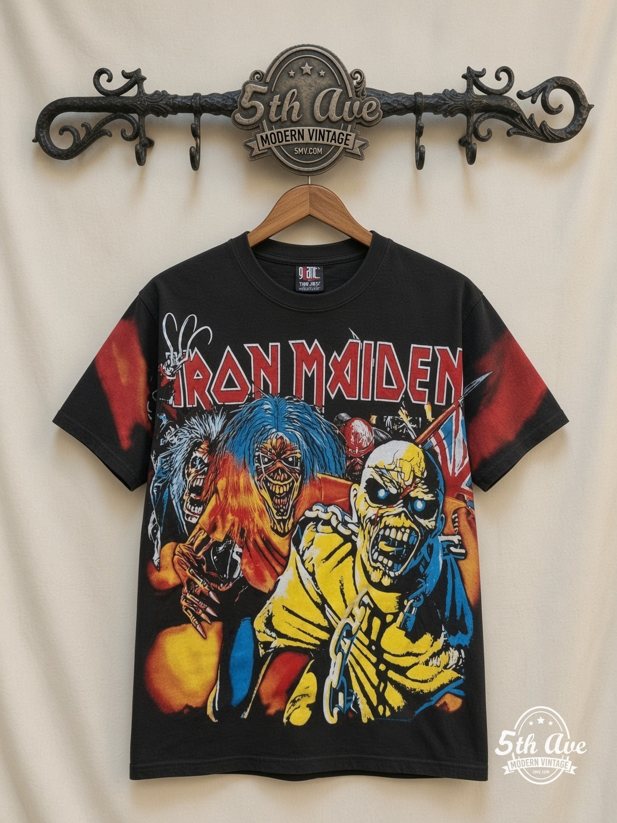 Iron Maiden Trooper Eddie all over print vintage band t-shirt front on cream 5th Ave rack
