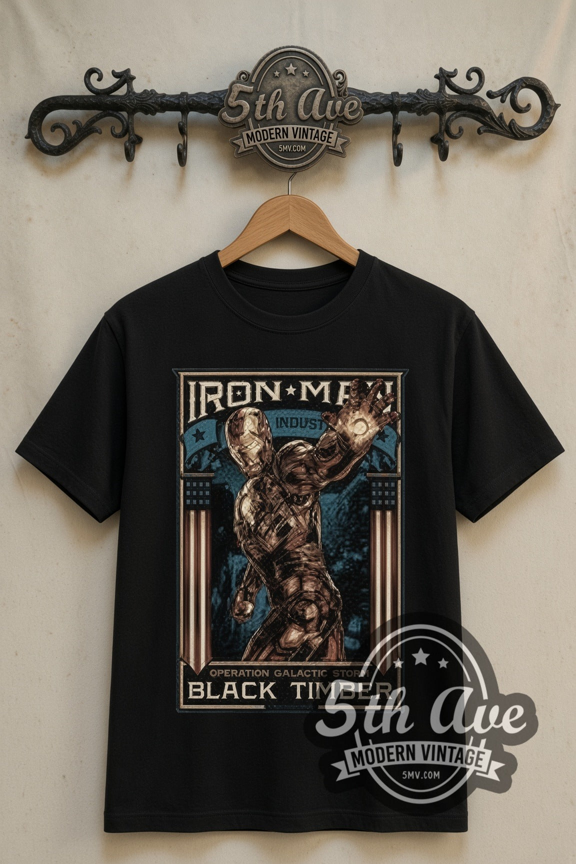 Iron Man Operation Galactic Storm Frame double stitched black tee front on dark iron 5th Ave rack