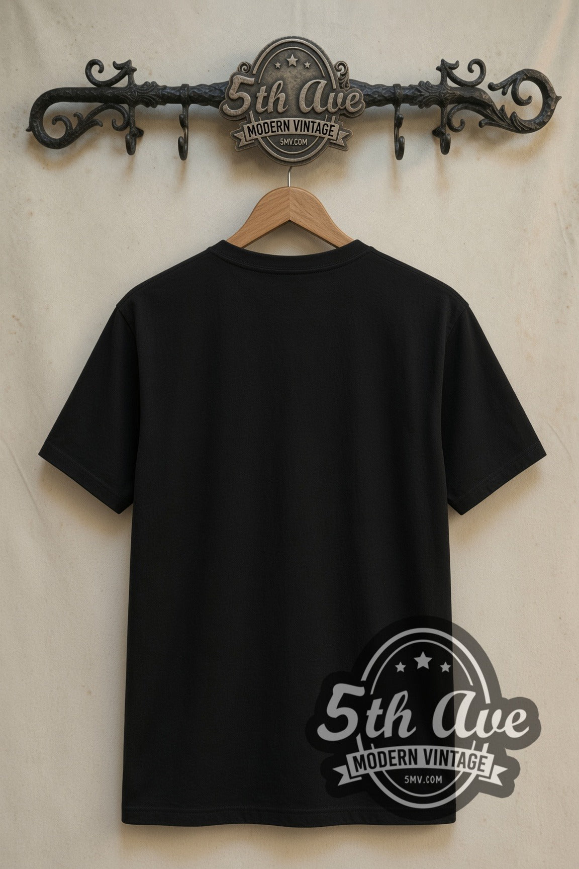 Plain black back of Iron Man Operation Galactic Storm Frame double stitched tee on rack