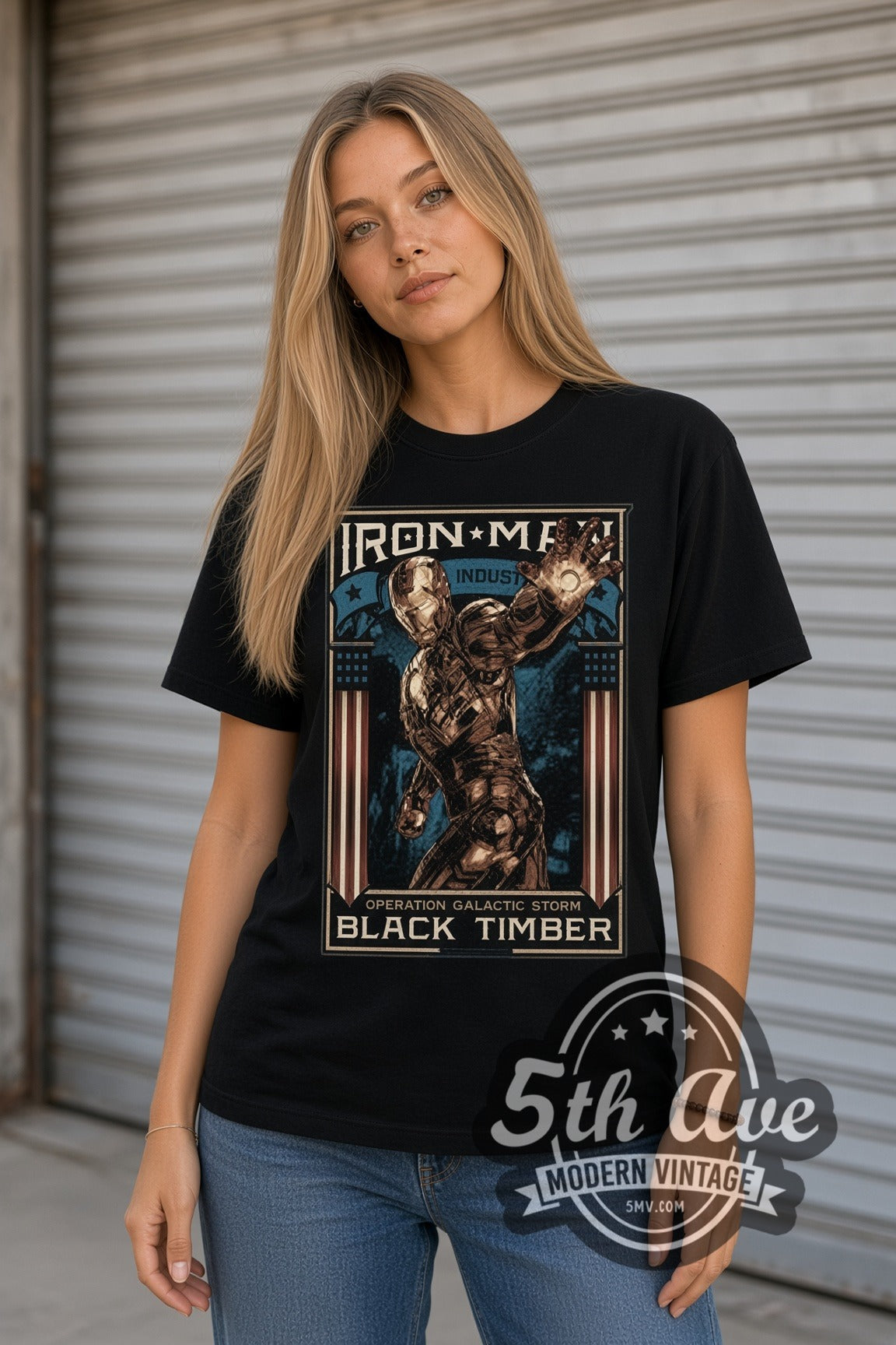 Woman wearing Iron Man Operation Galactic Storm Frame double stitched black graphic tee