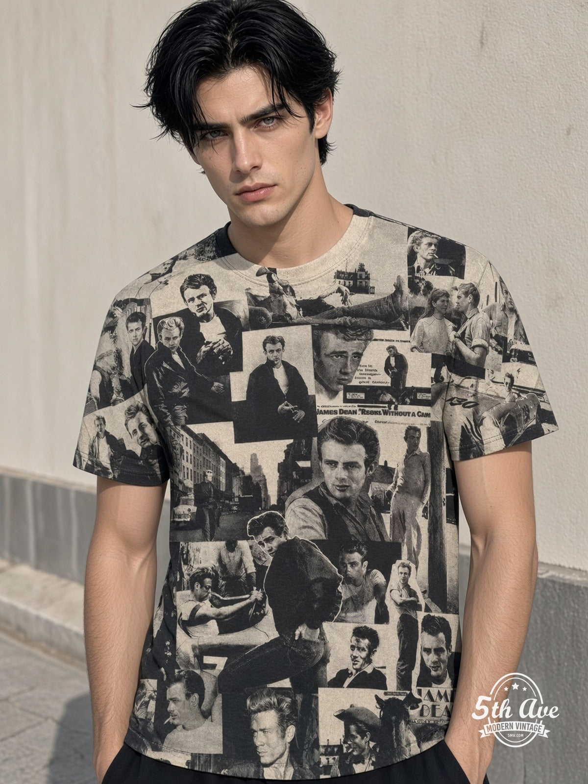 James Dean Portrait Collage Sepia all over print vintage tee model wearing