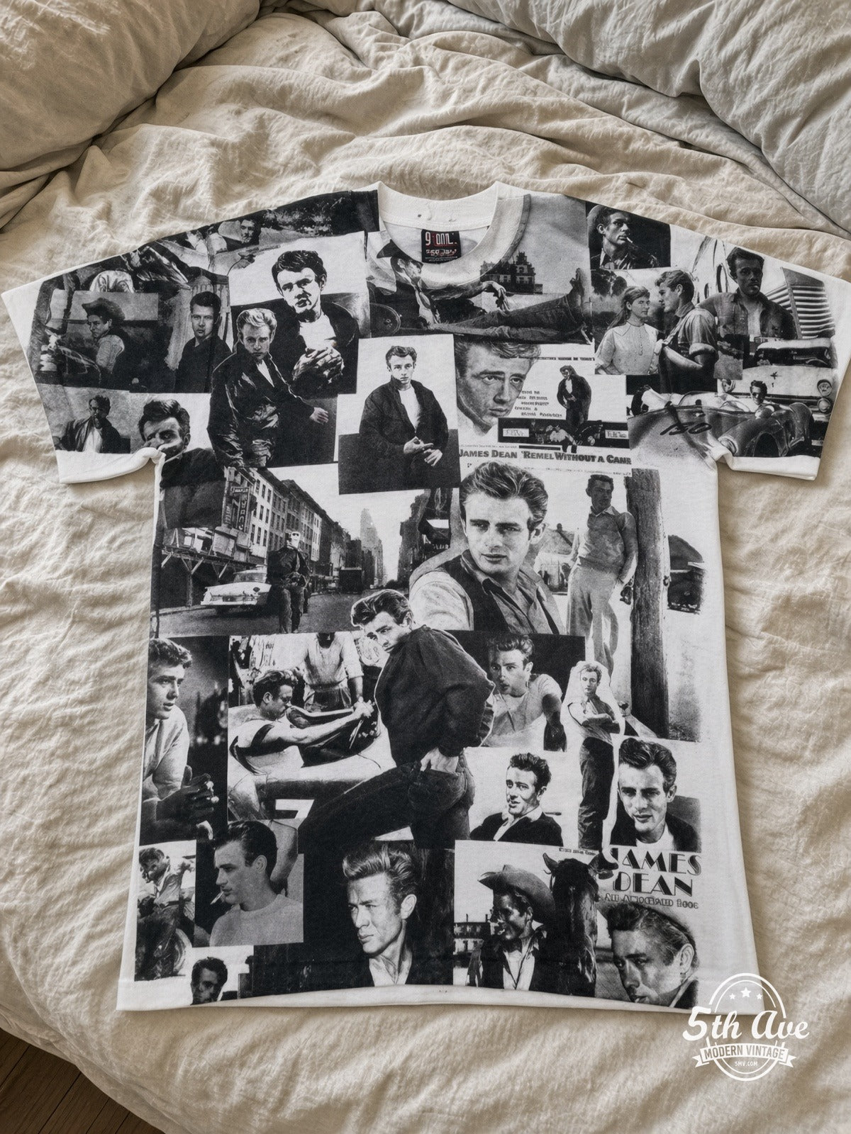 James Dean Portrait Collage B&W all over print vintage tee laid on bed