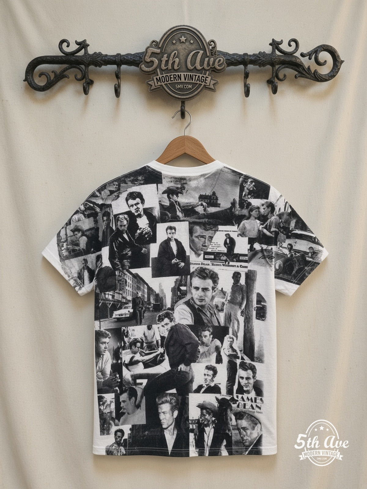 James Dean Portrait Collage B&W all over print vintage tee back on cream 5th Ave rack