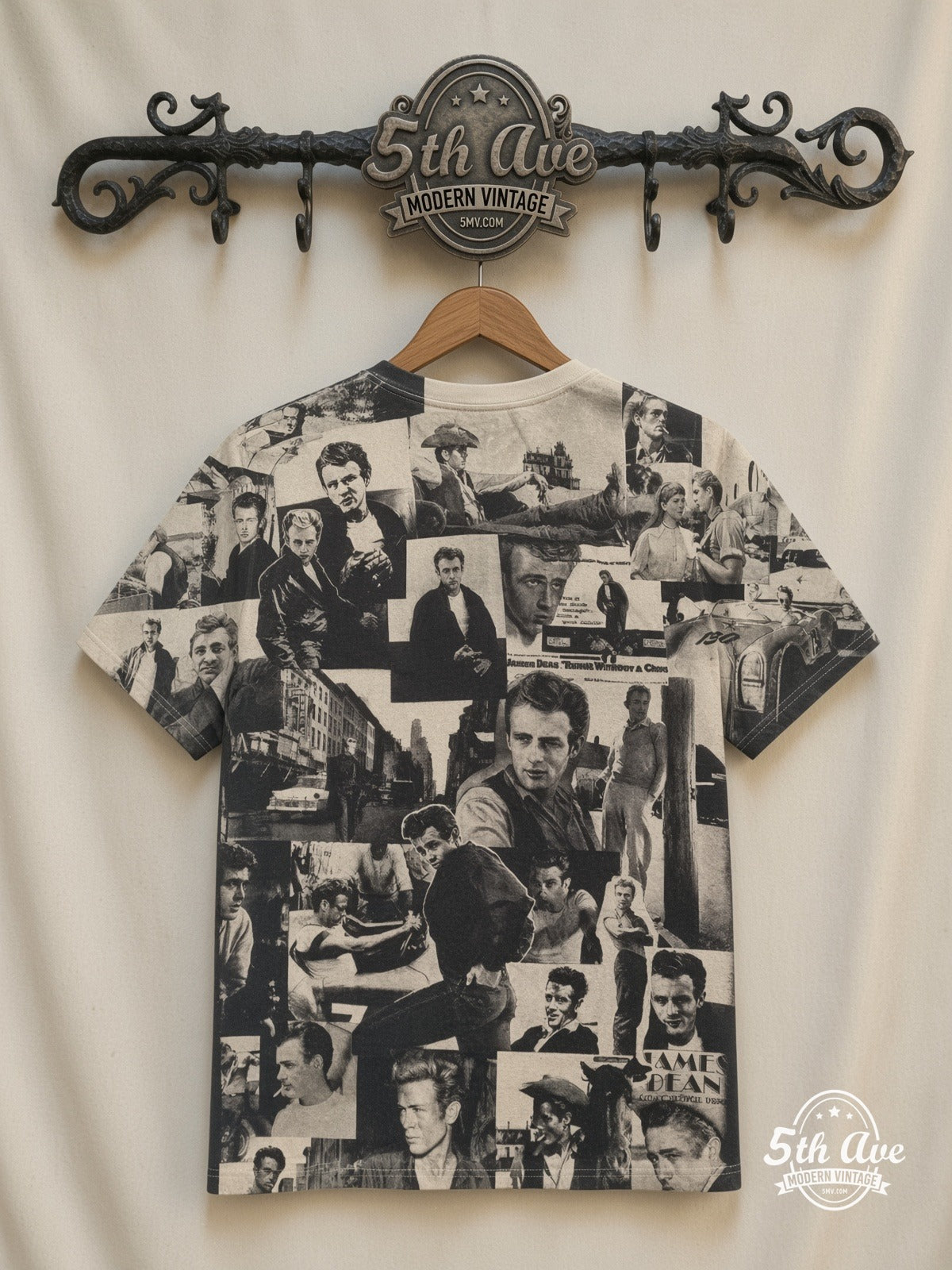 James Dean Portrait Collage Sepia all over print vintage tee back on cream 5th Ave rack