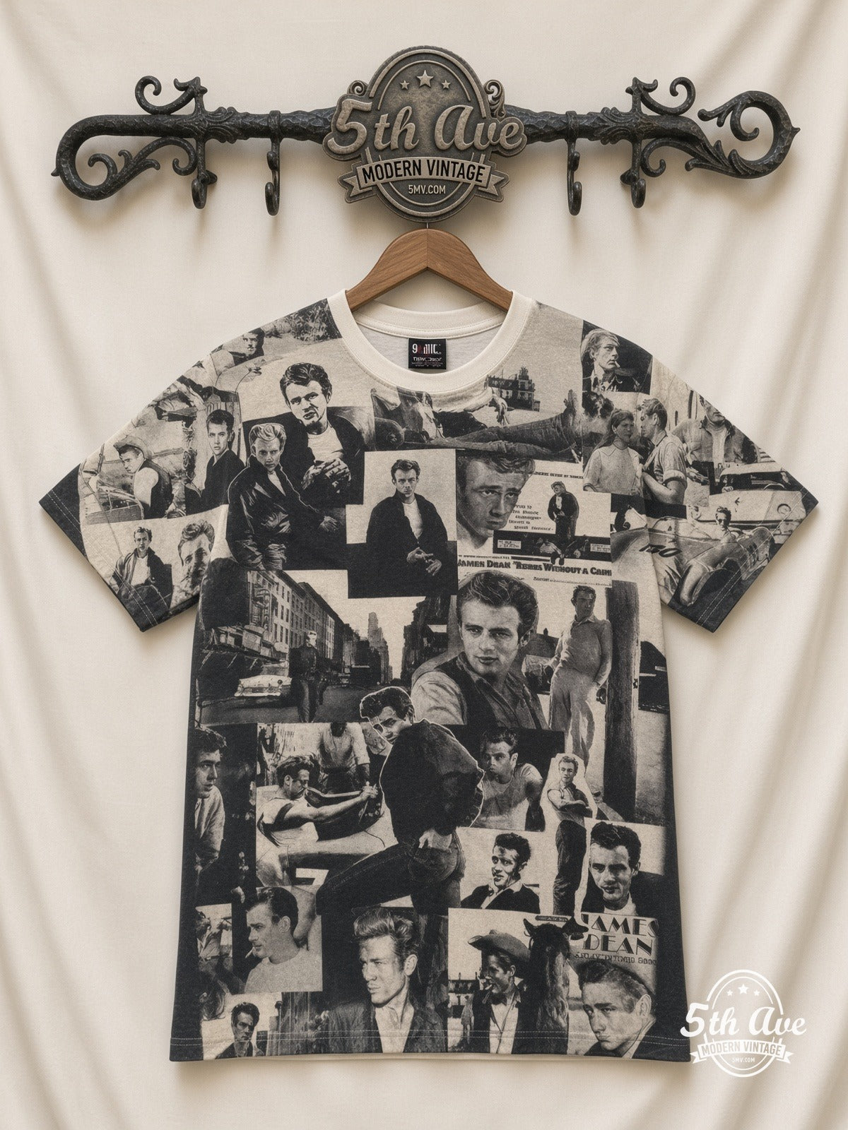 James Dean Portrait Collage Sepia all over print vintage graphic tee front on cream 5th Ave rack