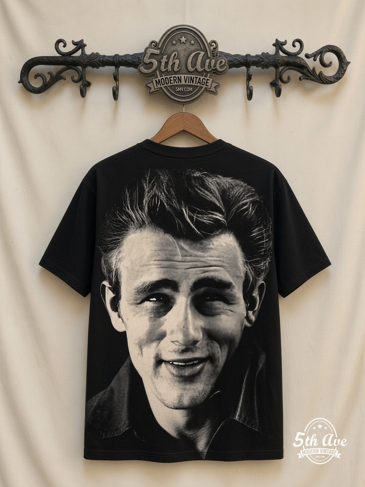 James Dean Smile Portrait black vintage tee back on cream 5th Ave rack