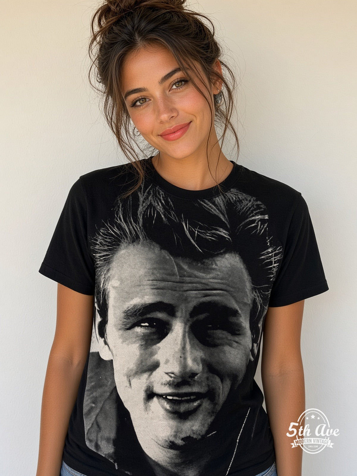 James Dean Smile Portrait all over print vintage tee model wearing